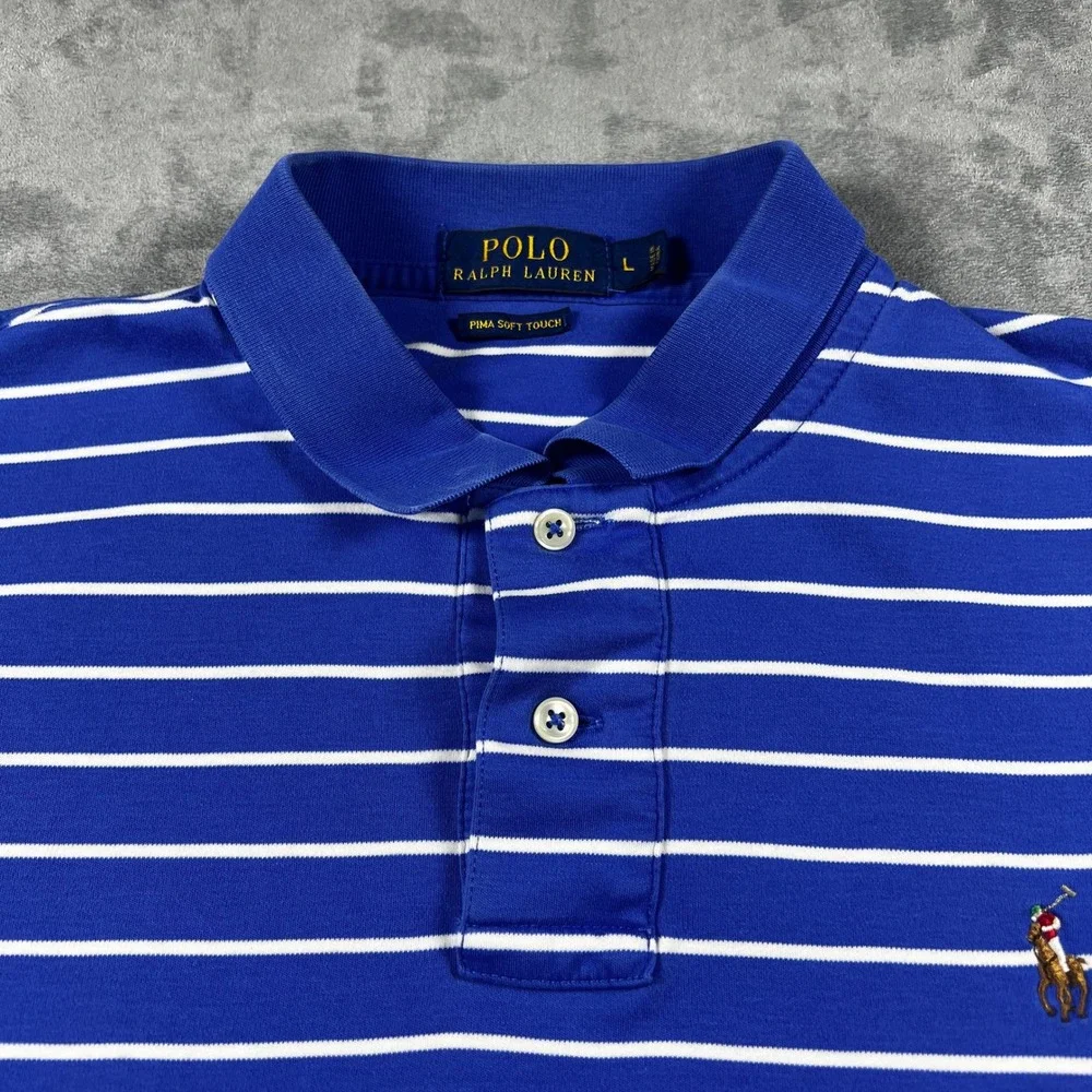 Polo Ralph Lauren Pima Soft Touch Polo Shirt Mens Large Blue White‎ Stripe
